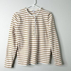 J. Crew Factory Striped Ruffle Collar Henley Brown Ivory Womens XS